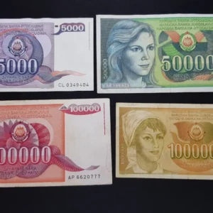 Lot 4 Bancnote Iugoslavia: 5.000, 50.000, 100.000, 1.000.000 Dinara