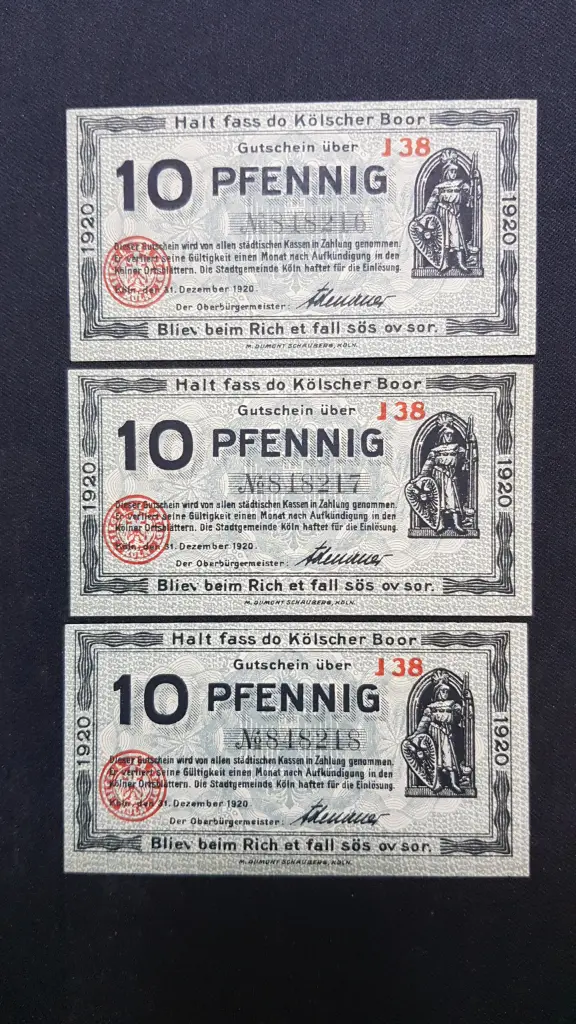 Lot 3 Notgeld Koln, 10 Pfennig 1920, consecutive , GERMANIA, UNC