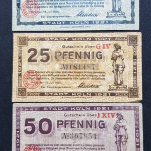 Lot 2 Notgeld Koln, 10 Pfennig 1920 consecutive, GERMANIA, UNC