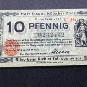 Notgeld 10 Pfennig 1920, GERMANIA-Koln, UNC