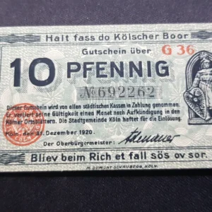 Notgeld 10 Pfennig 1920, GERMANIA-Koln, UNC