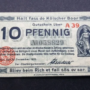 Notgeld 10 Pfennig 1920, GERMANIA-Koln, UNC