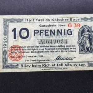 Notgeld 10 Pfennig 1920, GERMANIA-Koln, UNC
