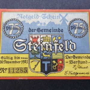 Notgeld 75 Pfennig 1921, GERMANIA-Steinfeld, XF