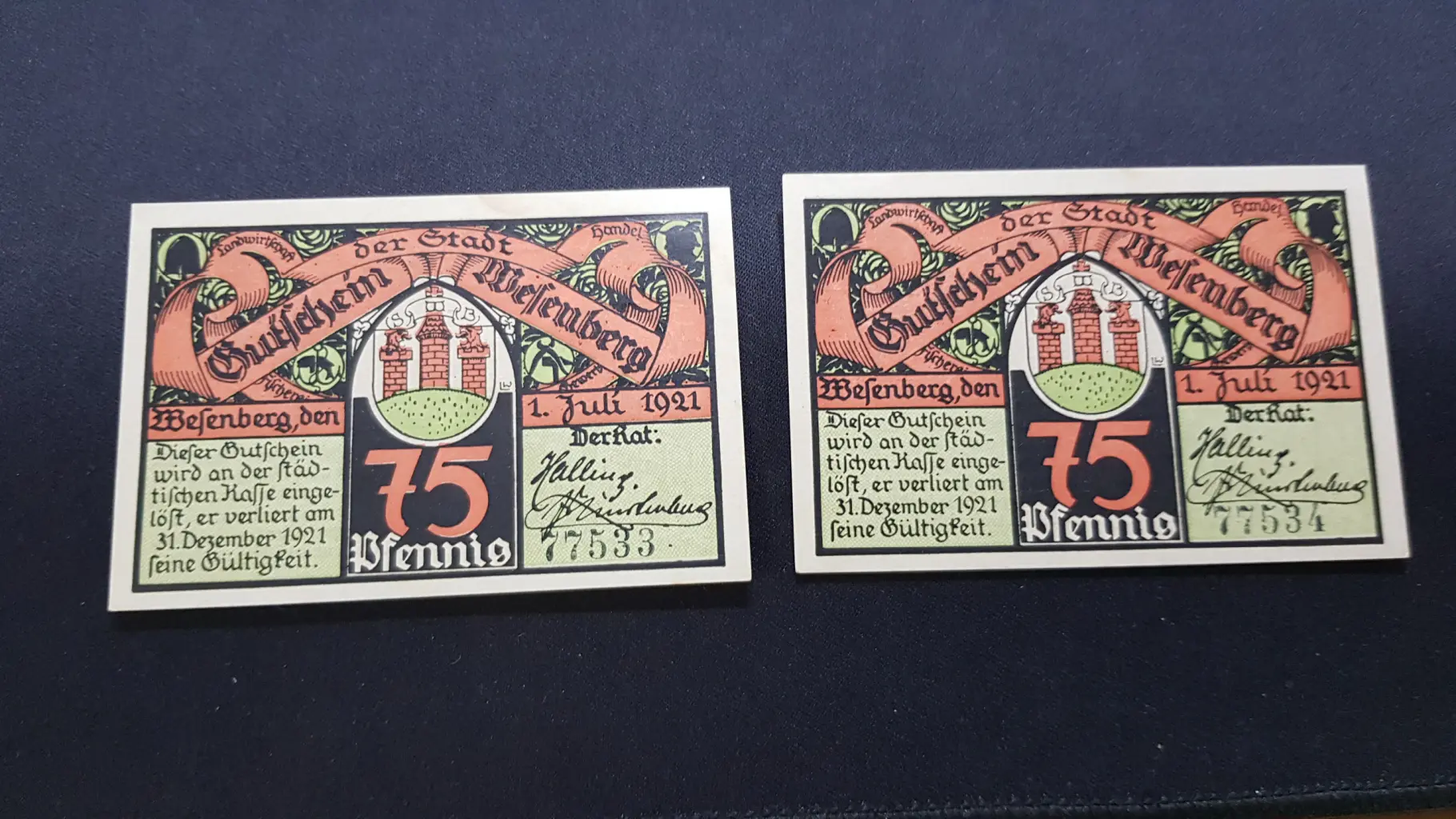 Lot Notgeld 75 Pfennig 1921, consecutive, GERMANIA-Wessenberg, VF