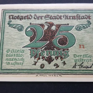 Notgeld 25 Pfennig 1921, GERMANIA-Arnstadt, XF